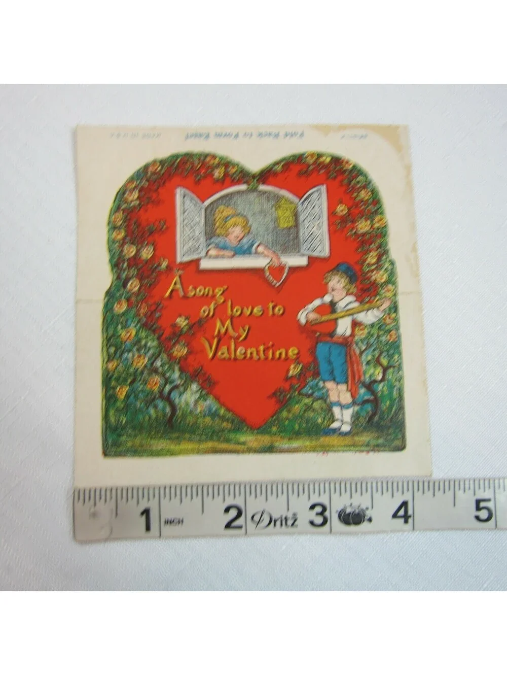 Vintage Valentine 1930 Beistle Stand Up Card Boy Plays Mandolin Girl Window USA